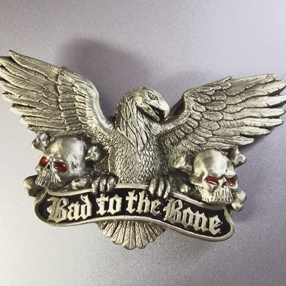 Vintage 1991 Biker Eagle Silver-toned Metal “Bad to the Bone” Belt Buckle